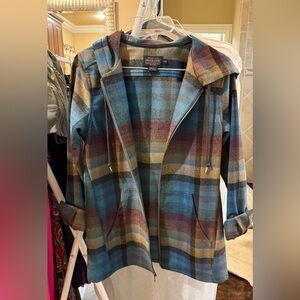 Pendleton Plaid Hooded Jacket Wool Blend Zip Up Blue Teal Burgundy XXS